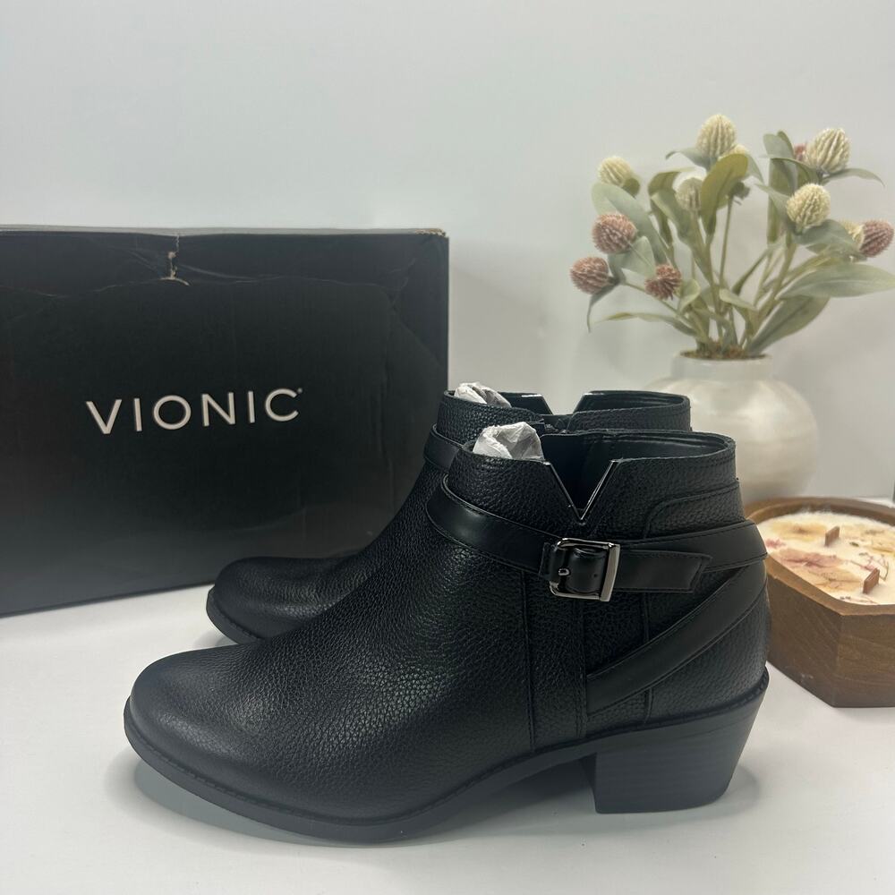 Vionic Farrah Leather Block Heel Side Zip Boot Black Women 8 Medium NWB
